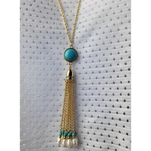 New Chico's Moon stone turquoise tassel white pearl necklace - Picture 9 of 9